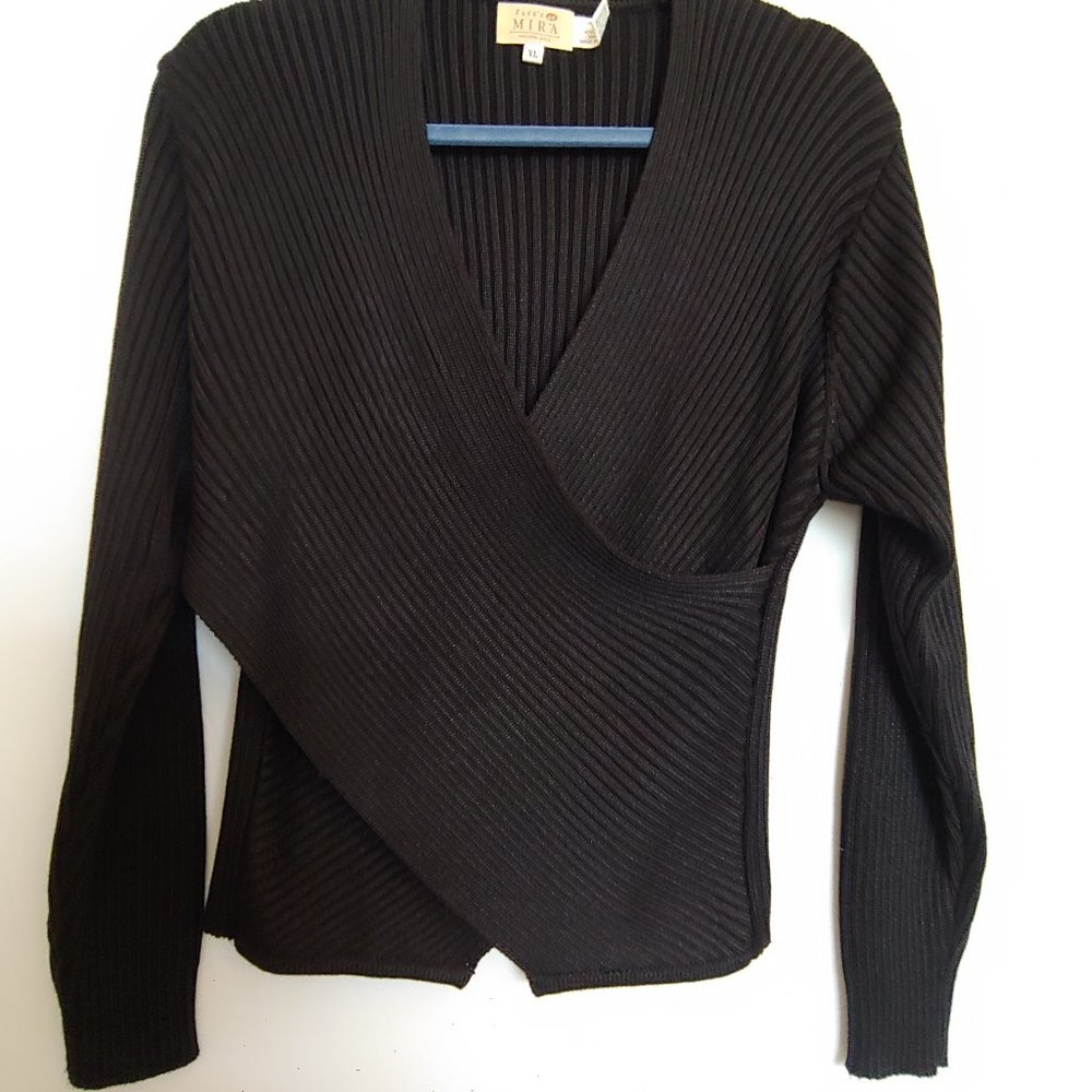 Fay's at Mira sophisticate black wrap thick rib knit long sleeve sweater size XL